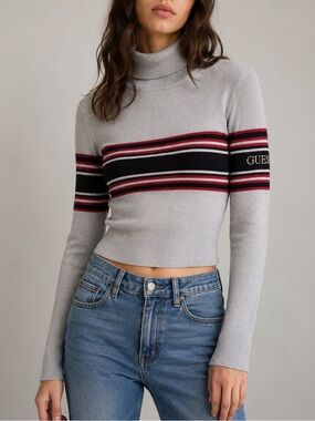 Guess Jeans Vintage Y2K Ribbed Turtleneck Sweater Grey Red Black Size Medium